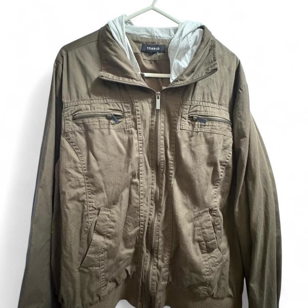Torrid women’s utility jacket with grey hood and double zippers